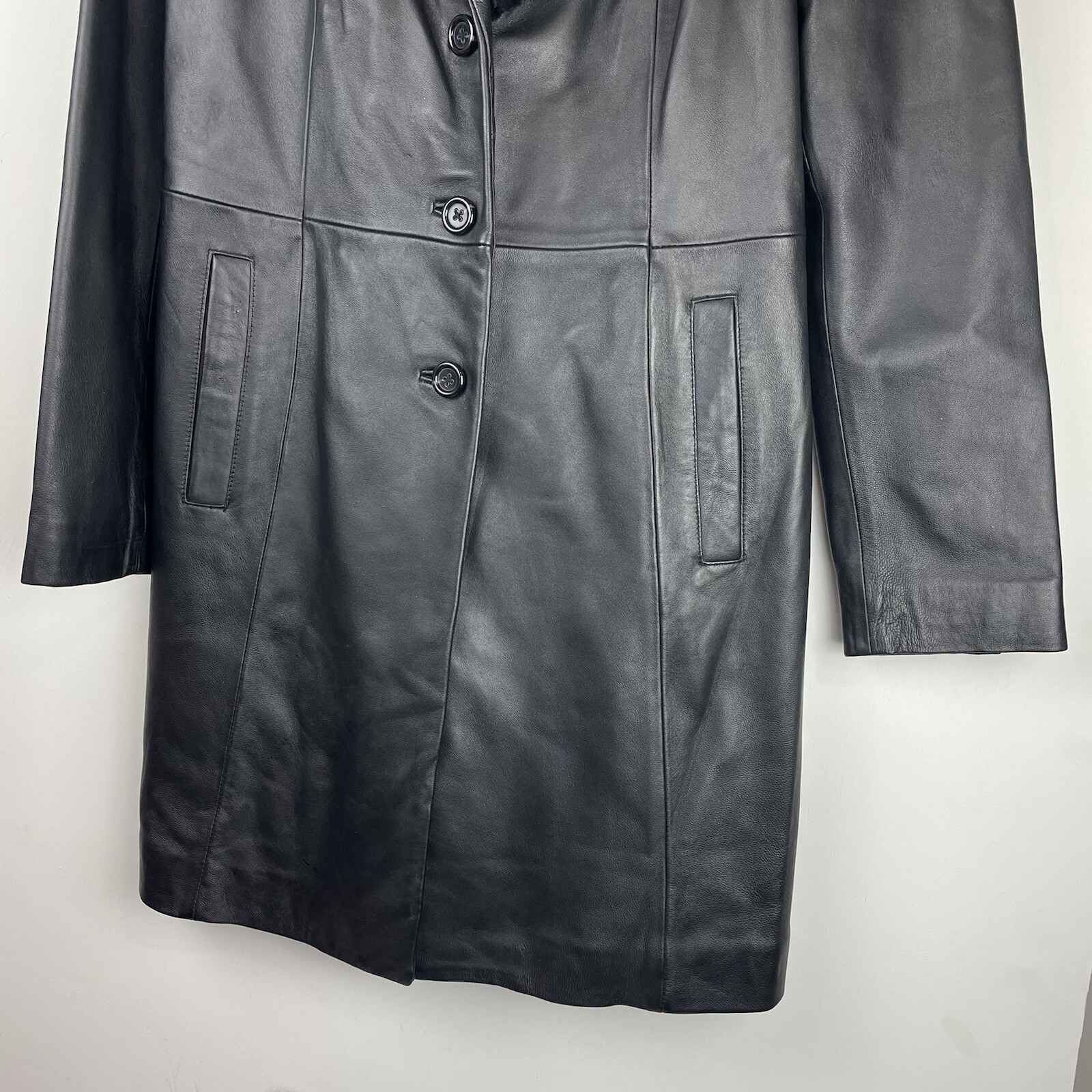 COVINGTON Long Black Leather Jacket Button Front … - image 7