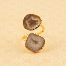 Gray White Geode Druzy Gold Electroplated Statement Adjustable Double Layer Ring