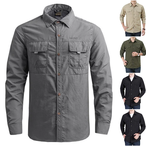 Mens Quick Dry Long Sleeve Shirts Breathable Hiking Work Military Army Shirt Top - Picture 2 of 38