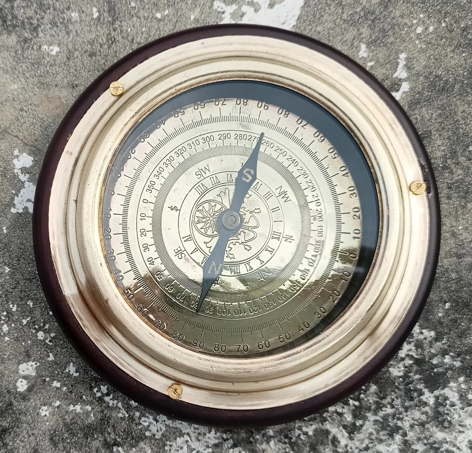 Nautical Brass Navigational Magnetic 6" Desk Compass Wooden Round Base - Image 2 of 4