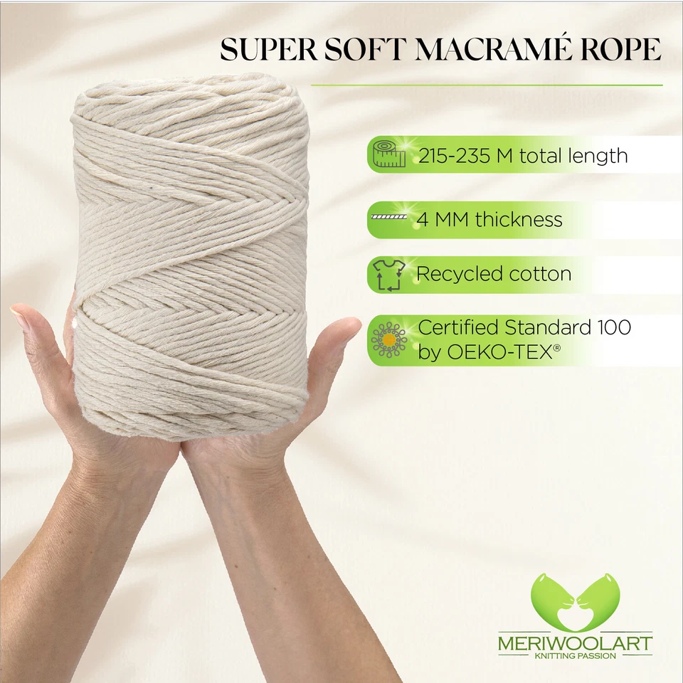 MeriWoolArt Makramee Garn 4mm 225m -  Baumwollgarn Kordel, Dicke Macrame Cord - Bild 3 von 4
