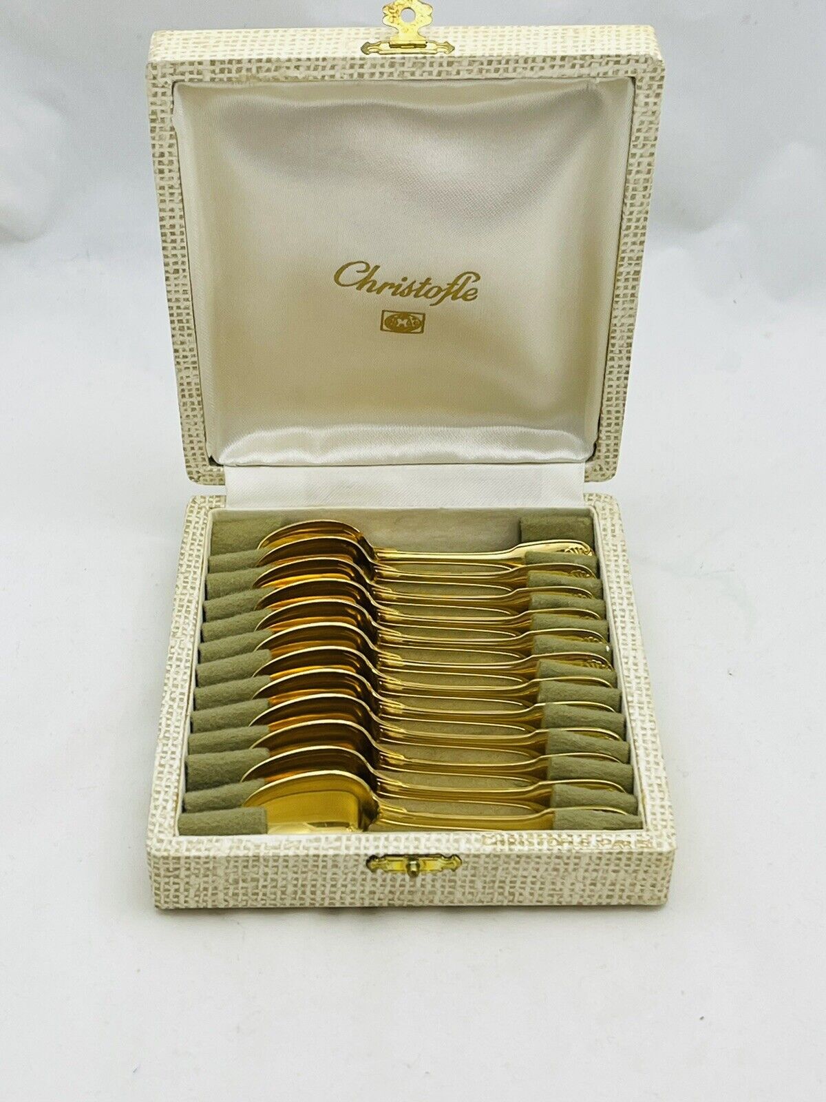 Authentic Set Of 12 Christofle France Silverplate Spoons with Gold Wash