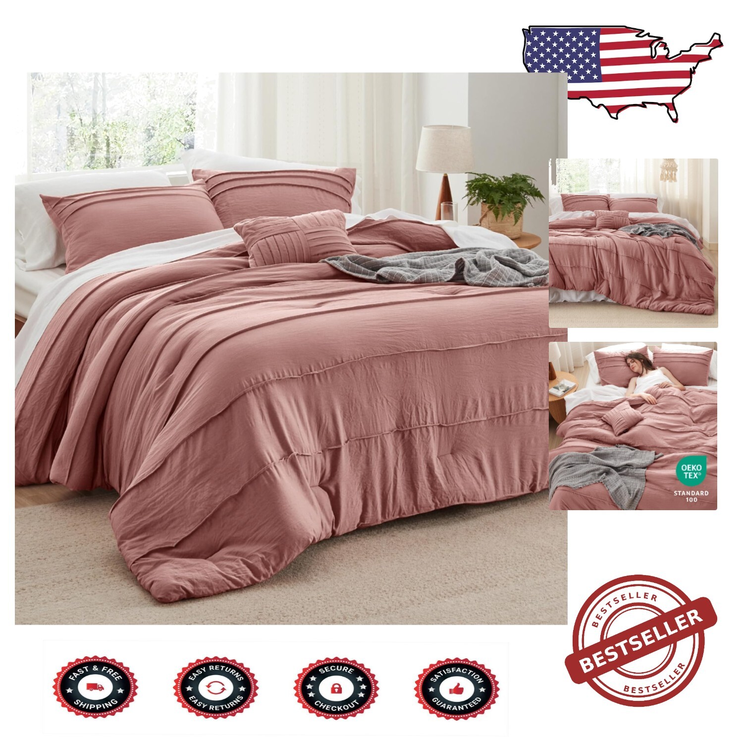 All-Season Pink Comforter Set with Decorative Pillow - 4-Piece Bedding Ensemble