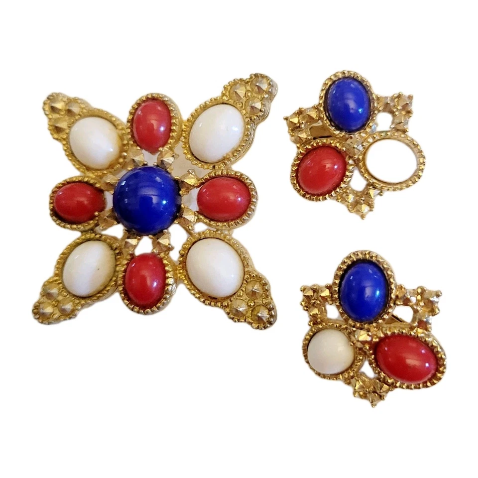 Conjunto Broche Americana Patriarca Sarah Coventry 2 1/2" Pendientes 1" Rojo Blanco Azul Foto 4 de 4