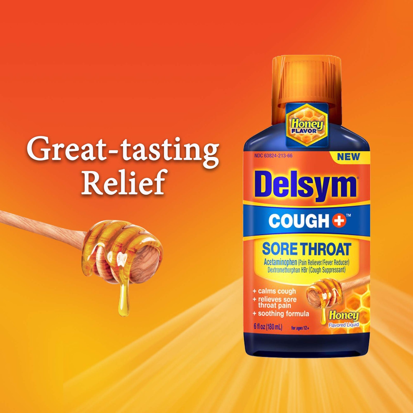Delsym Adult Liquid *11/2025* Cough Plus Sore Throat Honey 6 oz
