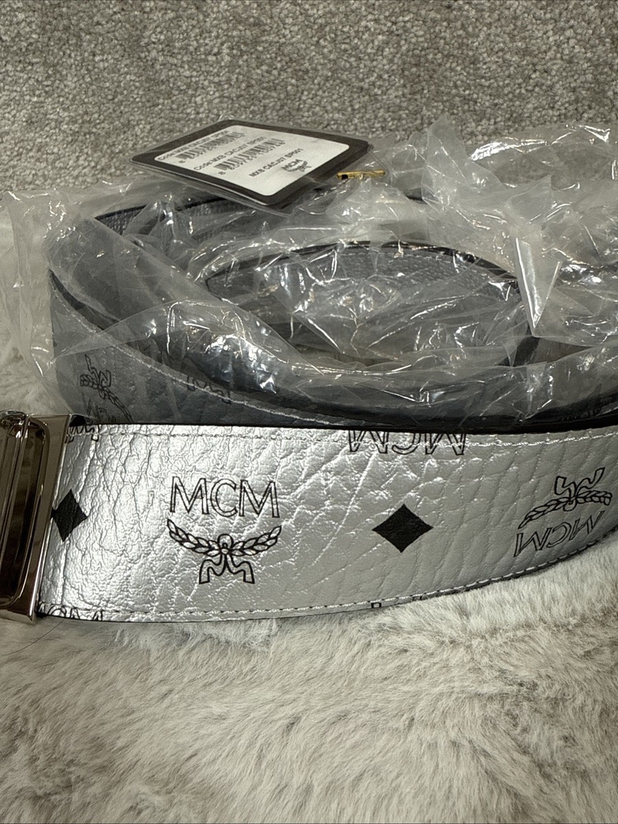MCM Reversible Belt Mens Dark Gray Genuine Leather M Logo Silver