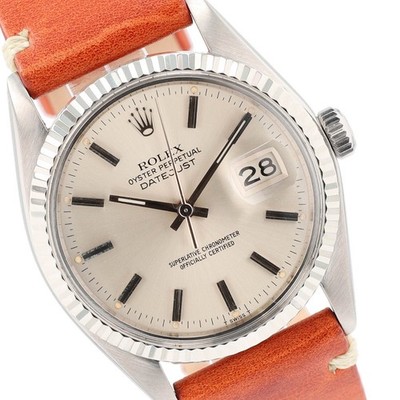Rolex Mens Datejust Stainless Steel ''Fatboy'' Index 18KW Fluted Leather Watch