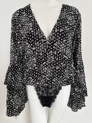 Intimately Free People Ditsy Bodysuit Top Womens M Black Floral Bell Sleeve