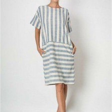 100 Cotton Blue White Short-sleeved Striped Block-patterned Shift Dress Sz L 100 Cotton Blue White Short-sleeved Striped Block-patterned Shift Dress Sz L