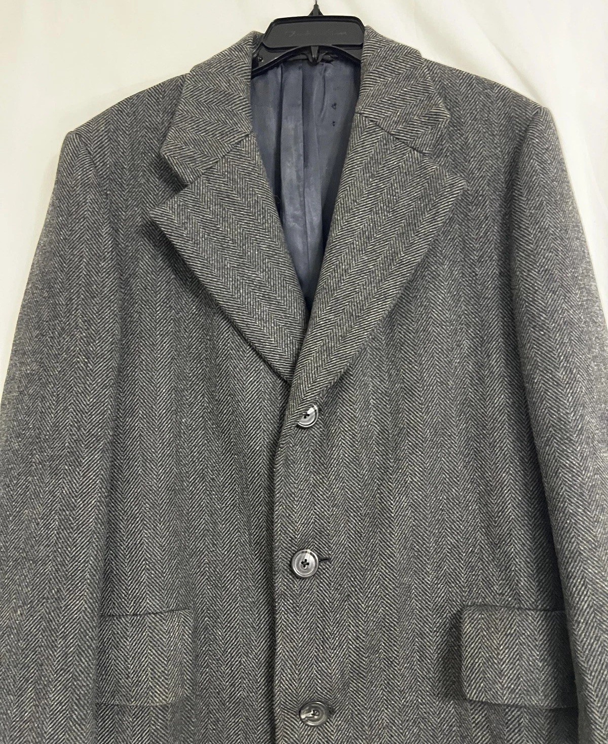 Vintage Hart Schaffner & Marx Coat Men L Gray Herringbone Wool Overcoat 80s USA
