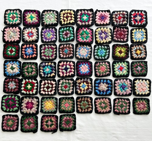 Lot of 52 Crochet Granny Squares Handmade 4” x 4” Black Blanket Scarf Bag Crafts