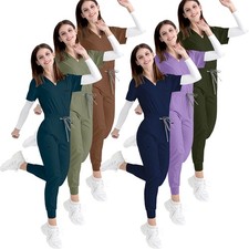 VIAOLI Stretch Breathable Nurse Uniform Medical Scrub Set V-Neck Top Jogger Pant