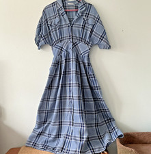 Vintage Blue Plaid Button Front Classic Fitted Woven Cotton Dress Cottagecore