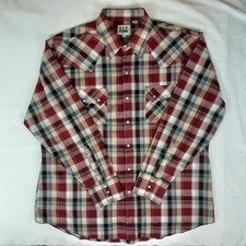VTG Ely Cattleman Pearl Snap Shirt Mens XL Red Plaid Cowboy Cut Sawtooth Pockets