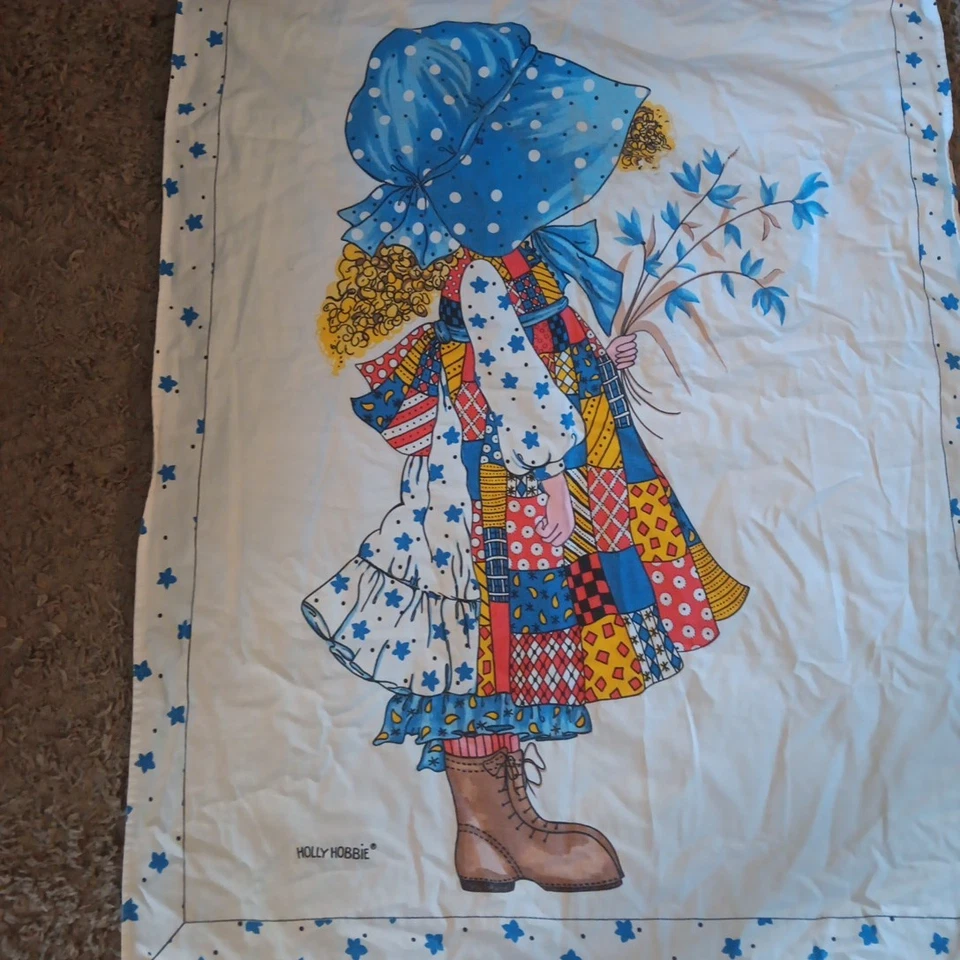 "Manta de bebé colorida Holly Hobbie vintage años 70 pequeña cosida a mano 32"" X 41""" Foto 3 de 4