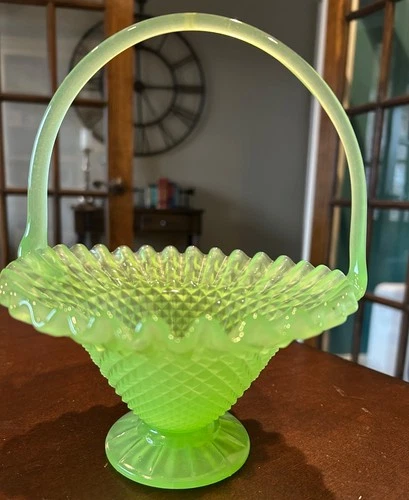 Vintage Fenton Lime Green Hobnail Basket, Vaseline Glass