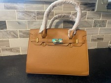 Brown Structured Pebbled Faux Leather Satchel Bag w Top Handles  Shoulder Strap