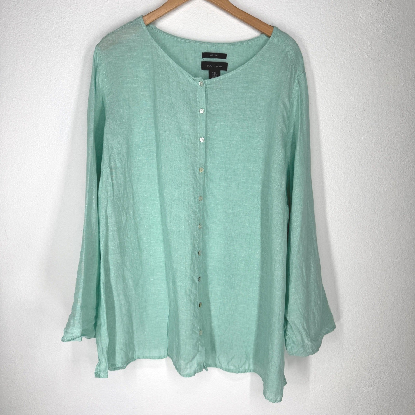 Tahari Womens 3X Mint Green 100% Linen Button Down Roll Tab Sleeve Blouse Top