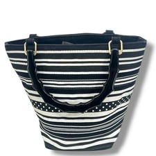 TIANNI Black  White Ribbon Mini Bucket Bag Bamboo Look Handles  Neutral