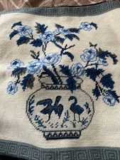 Needlepoint Pillow Cover Case Handmade Wool Blue and White Bird Vase 16x16 New