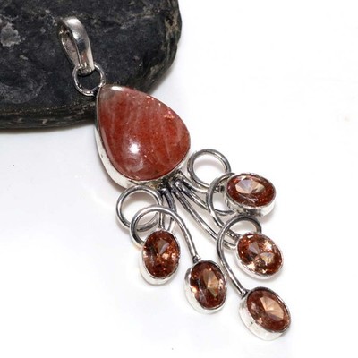 925 Silver Plated Exclusive Sunstone Morganite Pendant 2.6'' Most Beautiful GW