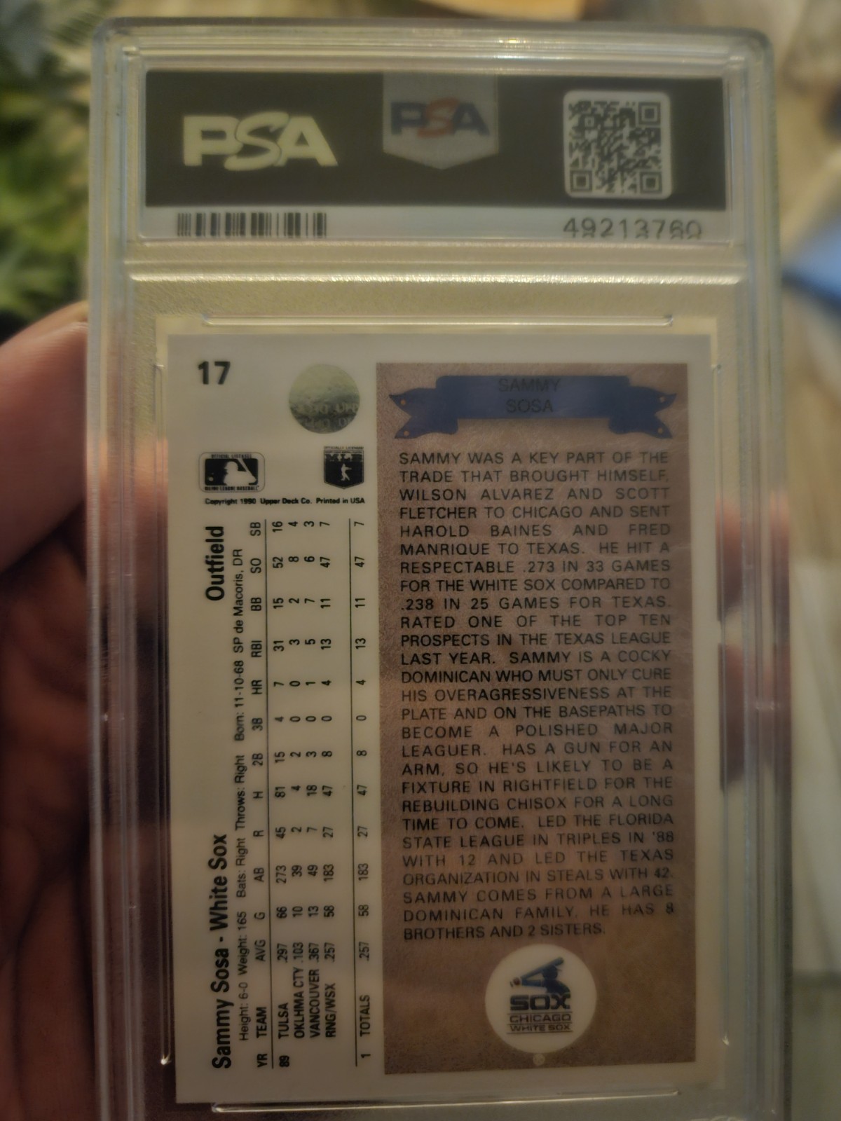 1990 Upper Deck - Star Rookie Sammy Sosa #17 (RC) PSA 10 view 2