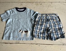 Vintage Boy's JANIE  JACK Size 3T Dog Theme Blue Shirt  Plaid Shorts Set