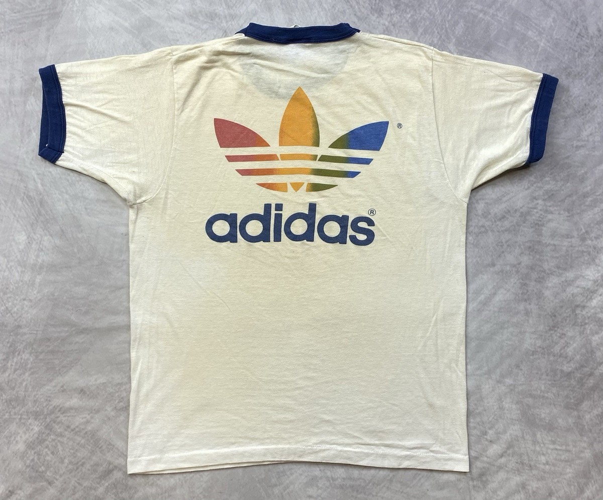 Rare Vintage 70s Adidas Rainbow Trefoil Ringer T-Shirt Size Large