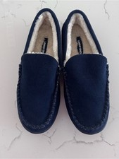 Lands  End Womens 8 Navy Suede Faux Fur Lined Moccasin Slippers NWOB