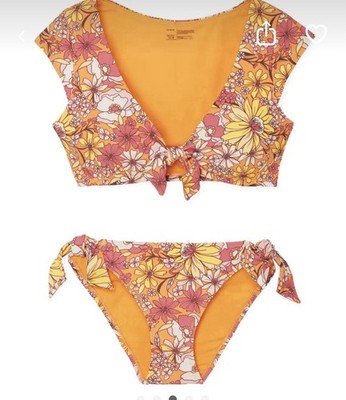 Women's Floral 2-Piece Bikini Set Tie-Front Top Cup Size C Tie Sided Bottoms L