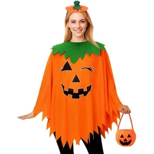 Halloween Pumpkin Costume for Women, 3 PCS Glow in the Dark Pumpkin Poncho with