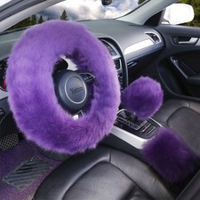 Fluffy Steering Wheel Covers for Women - 15 Inch Pure Wool Set of 3 Purple 