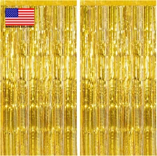2 Pack Gold Backdrop Birthday Decorations Foil Curtain Backdrop Gold Streamers D
