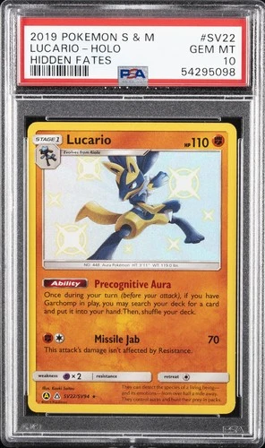 2019 POKEMON SUN & MOON HIDDEN FATES #SV22 LUCARIO-HOLO PSA 10