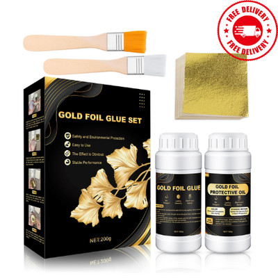 Gold Leaf Kit 100ml Adhesive & Varnish,100 Sheets,2 Brushes.Crafts,Arts,Durable.