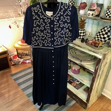 VTG 80s PLAZA SOUTH Navy Pearl BUTTON-UP DRESS 12 Gorgeous