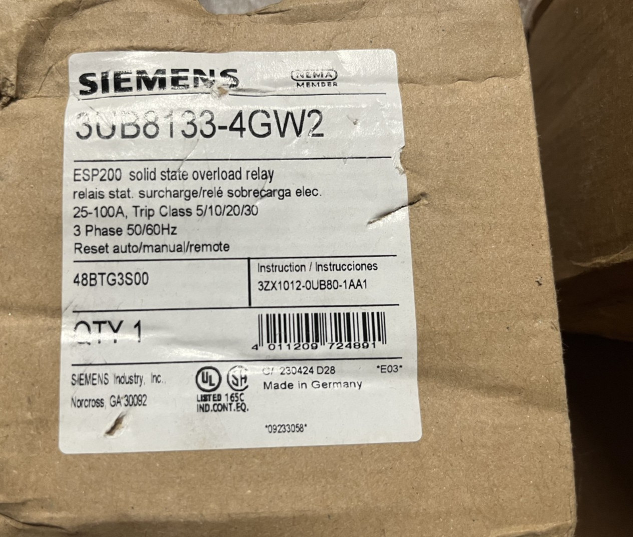NEW SIEMENS 3UB8133-4GW2 ESP200 SS OVERLOAD RELAY 25-100A 3PH 50/60Hz IN BOX