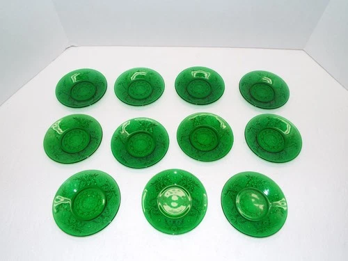 Vintage Anchor Hocking Green Sandwich Glass Dessert Plates Set of 11