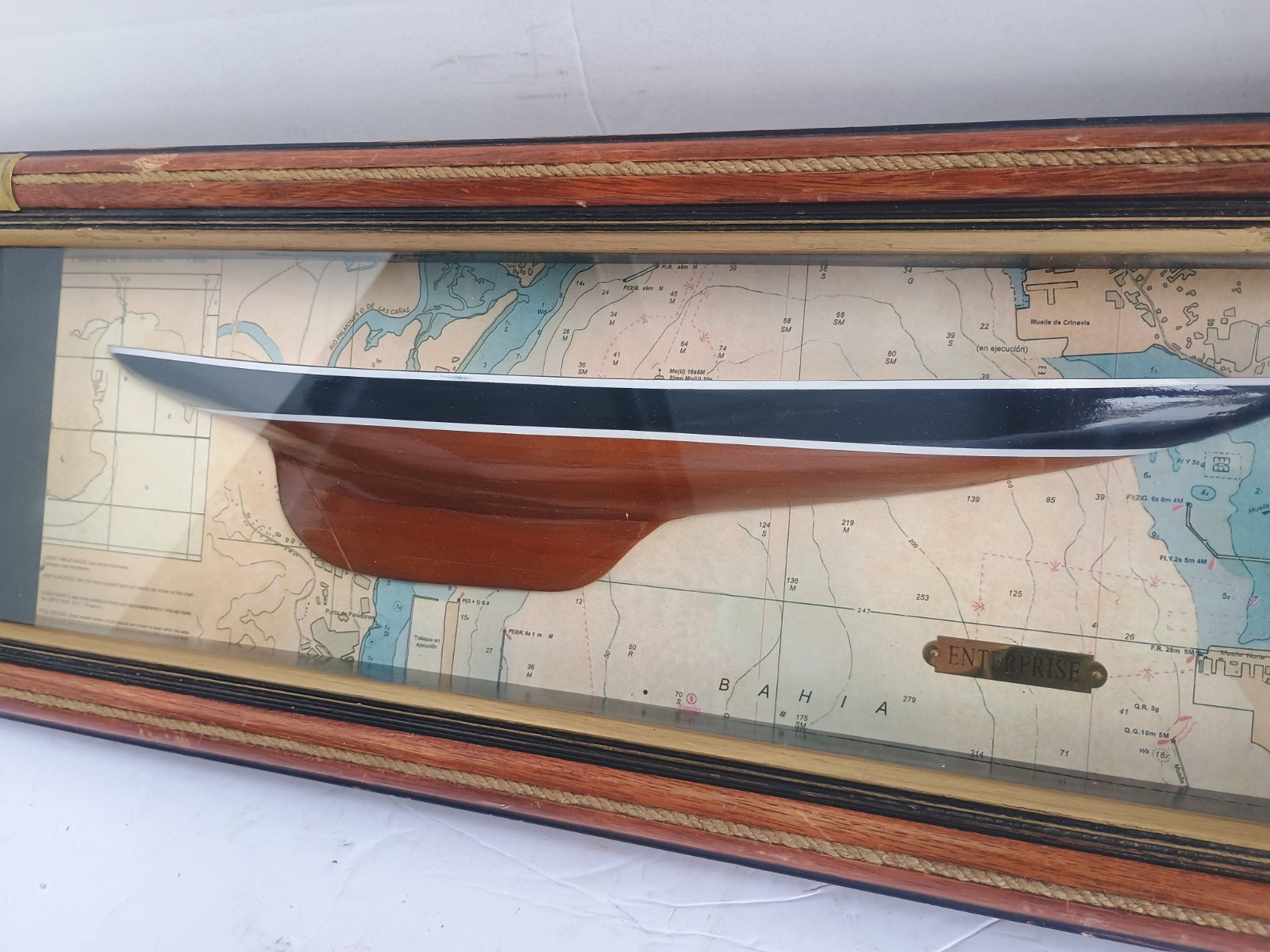 Enterprise Half-Hull Antique Sailing Yacht Nautical Sail Boat Model Framed Rare 
