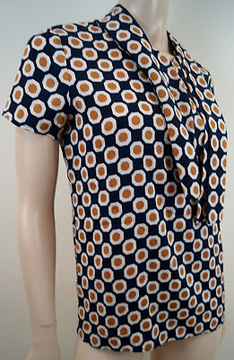 THEORY Marine & Orange Seide Stretch Geometrisches Muster Kurzarm Bluse Top S