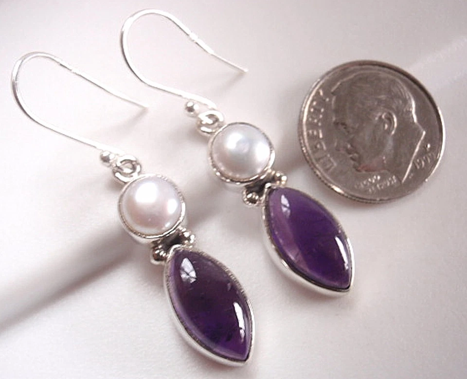 Cultured Pearl and Amethyst Marquise 925 Sterling Silver Dangle Earrings - Image 2 of 2