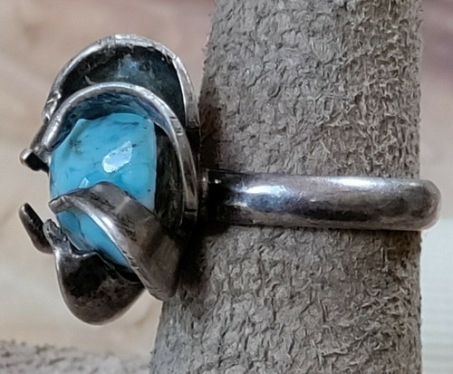 Vtg Modernist Sterling Silver Pinwheel Flower Sun Ring Blue Stone Size 5.25~7.4g - Picture 2 of 12