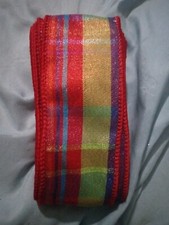 By The Yard - 2" Metallic Colorful Green Purple On Red Check Wired Edge Ribbon