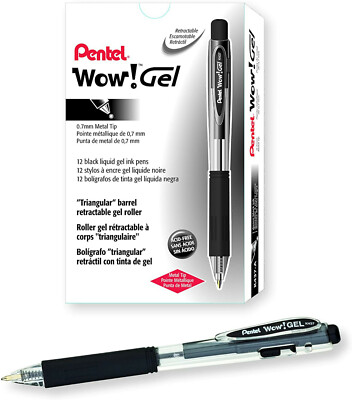 NEW Pentel WOW! Gel Retractable Pen 0.7mm Med Line Black Ink 12-Pack (K437-A) 