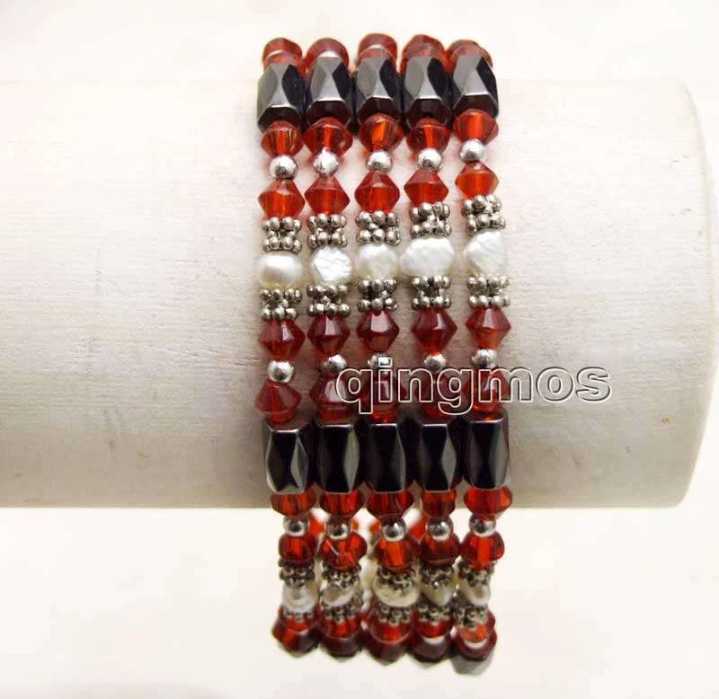 4-5mm White Natural Pearl Bracelet for Women with Red Crystal & Hematite 30'' - Image 3 of 4