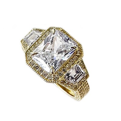 14K YELLOW GOLD RADIANT F1 MOISSANITE AND ROUND DIAMOND ENGAGEMENT RING 4.00CTW