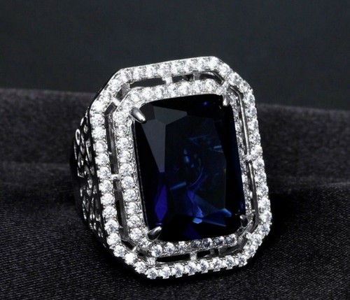Lab-Created Blue Sapphire Big Large Square Ring 18k White Gold Filled Gorgeous - Picture 9 of 12