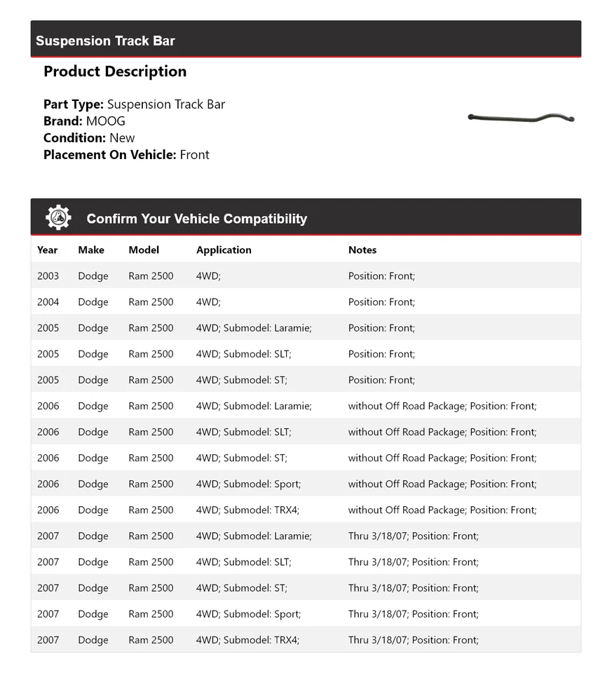 Barra de oruga de suspensión delantera MOOG 2003 2004 2005 para Dodge Ram 2500 2003-2007 4x4 Foto 2 de 4