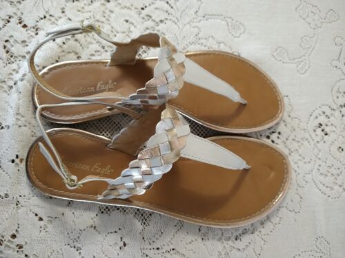 American Eagle Women Metallic Gold Silver Braided Strap Thong Sandals Size 12