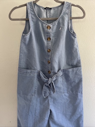Nautica Girl Size L 12 14 Blue Jean Summer Jumpsuit Romper Sleeveless Front Tie - Picture 3 of 8